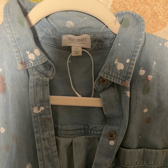 True Craft Chambray Short Sleeve Shirt Dress with Painted Marks Size S Like New - Picture 2 of 9